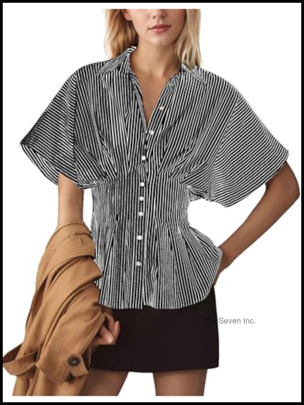 Striped Button Front Pleated Peplum Blouse Short Sleeve Women Casual Top
